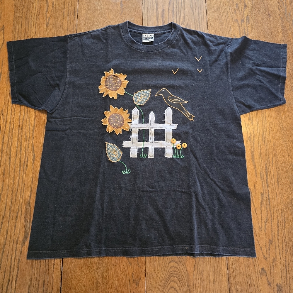 Vintage 90s KEY Elements Sunflower Crow Appliqué Tee USA XL Cottagecore Farm
